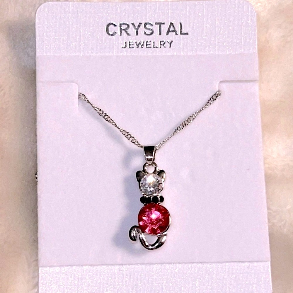 NEW! ๐๐๐โโฌ 16-18โ PINK BLACK WHITE CRYSTAL EMBELLISHED SILVER KITTY CAT NECKLACE - Picture 5 of 9